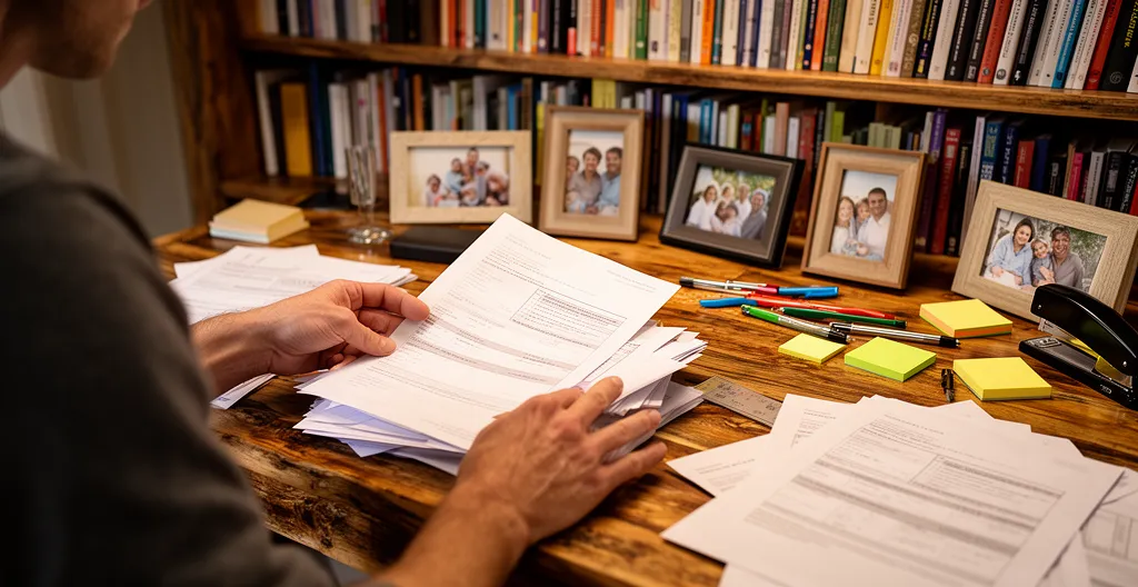 Personne organisant des documents administratifs sur un bureau