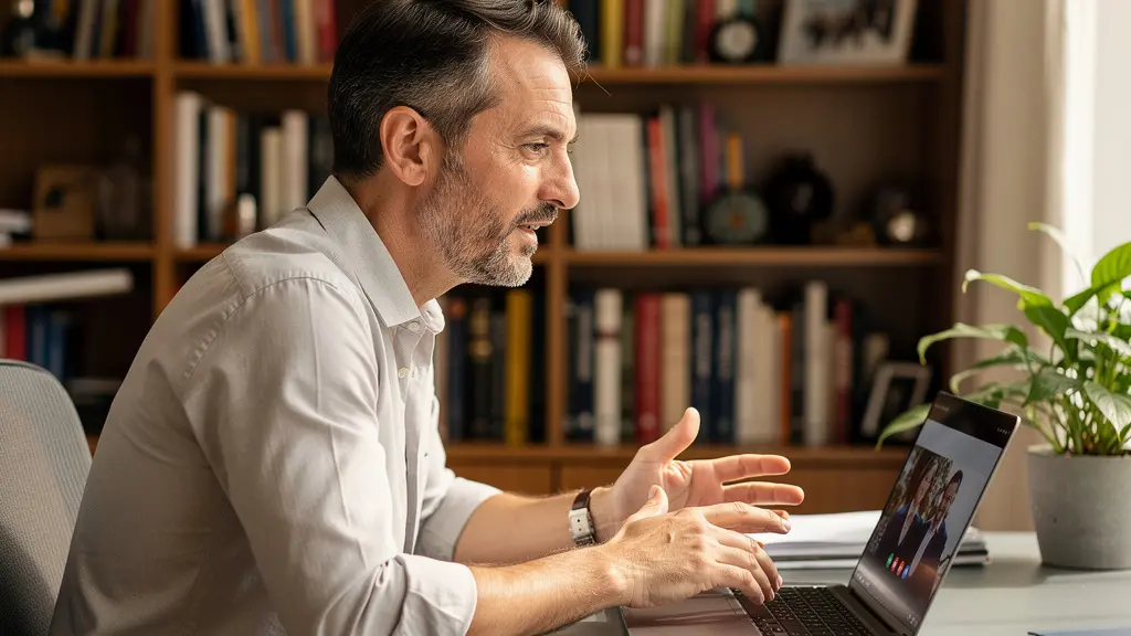 Conseiller en financement immobilier en visioconférence avec un client depuis son bureau à domicile