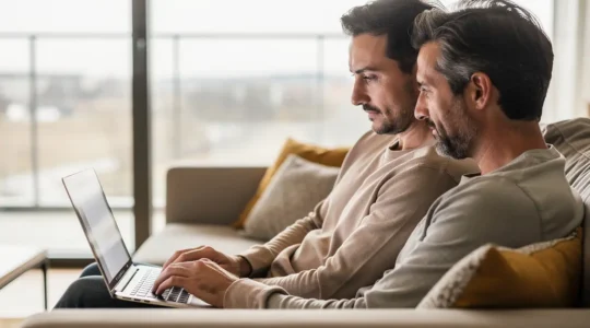 Couple trentenaire consultant un simulateur de prêt immobilier sur ordinateur portable dans leur salon