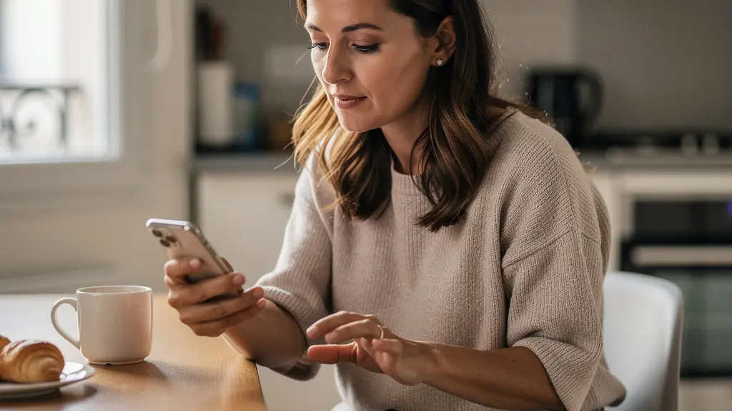 Femme comparant des simulateurs de crédit immobilier sur smartphone dans sa cuisine