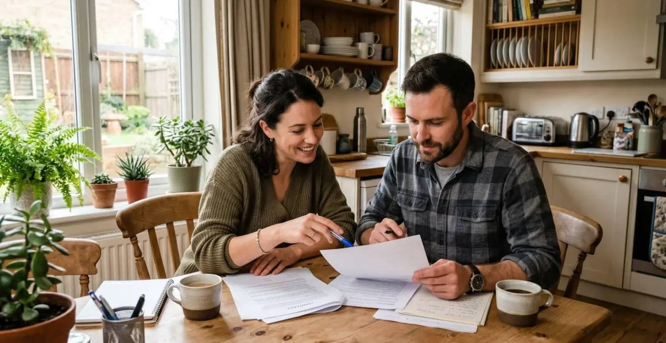 Couple trentenaire consultant ensemble des documents administratifs dans une cuisine moderne et lumineuse