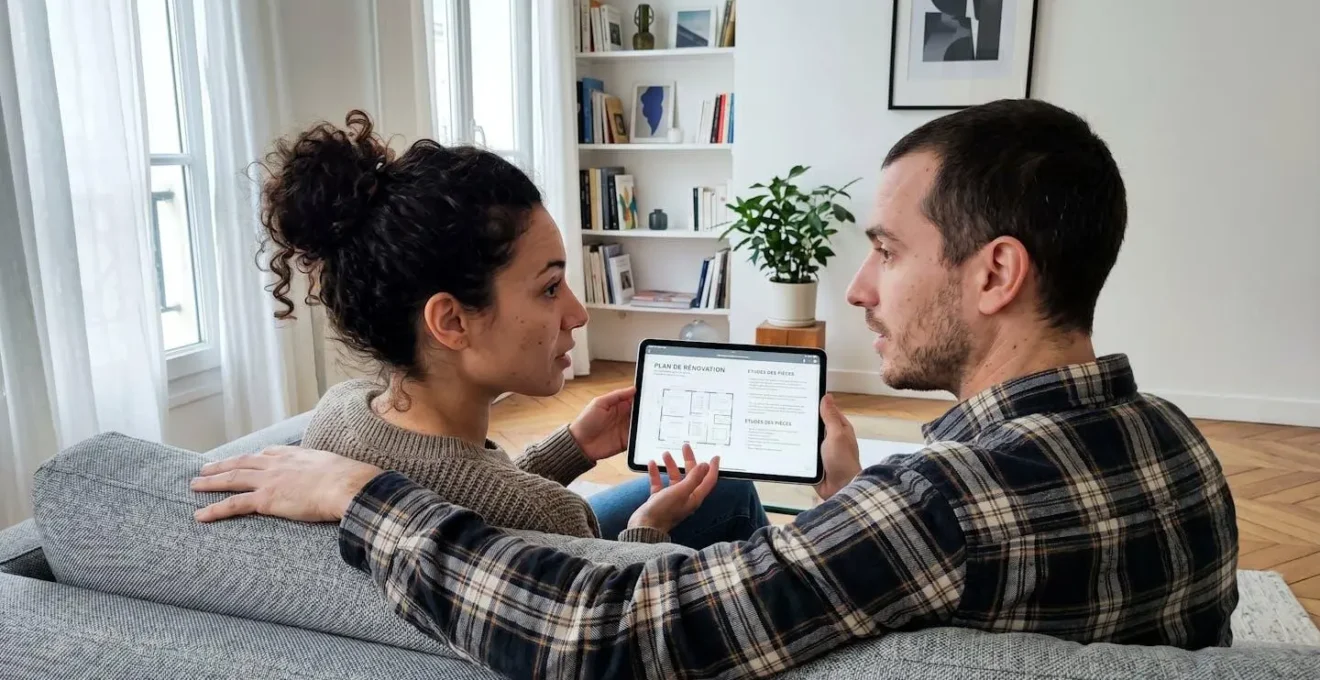 Un couple de trentenaires assis côte à côte sur un canapé contemporain, regardant ensemble une tablette pour préparer leur projet immobilier, lumière naturelle de fenêtre