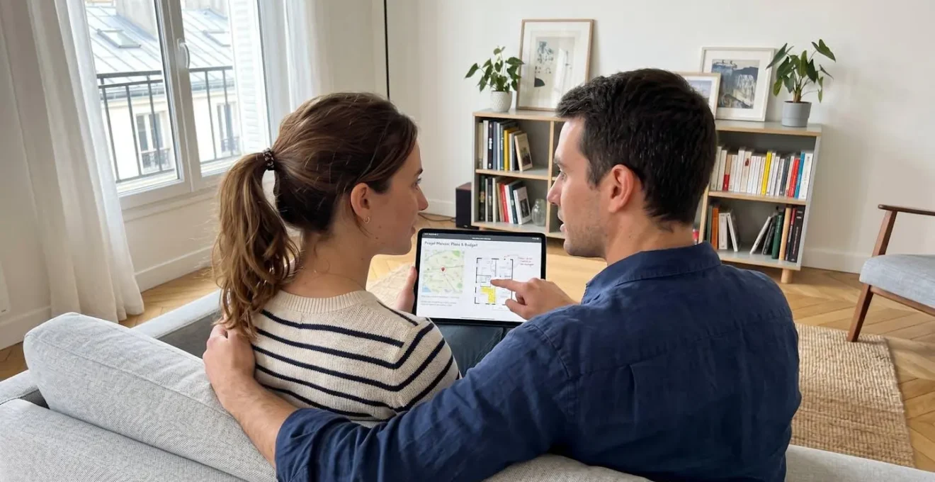 Un couple de trentenaires assis côte à côte sur un canapé contemporain, regardant ensemble une tablette pour préparer leur projet immobilier, lumière naturelle de fenêtre