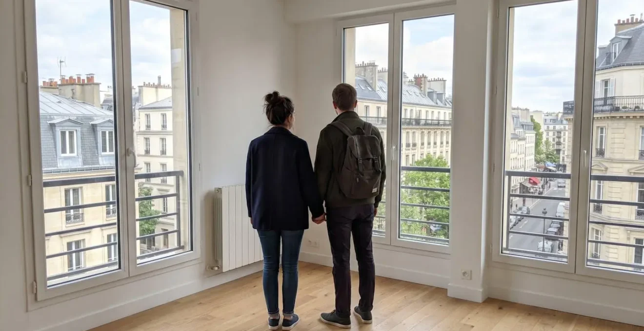 Vue de dos d'un couple debout devant les grandes fenêtres d'un appartement vide lors d'une visite immobilière, lumière naturelle abondante
