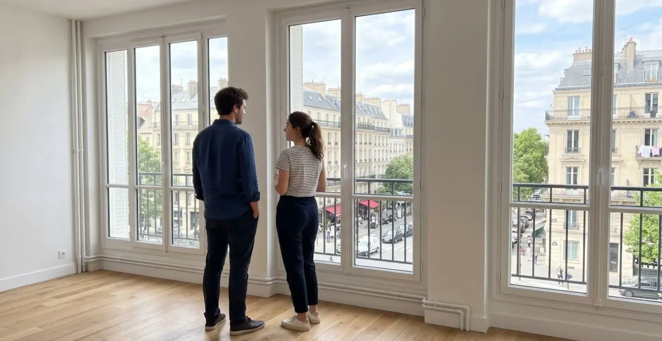 Vue de dos d'un couple debout devant les grandes fenêtres d'un appartement vide lors d'une visite immobilière, lumière naturelle abondante
