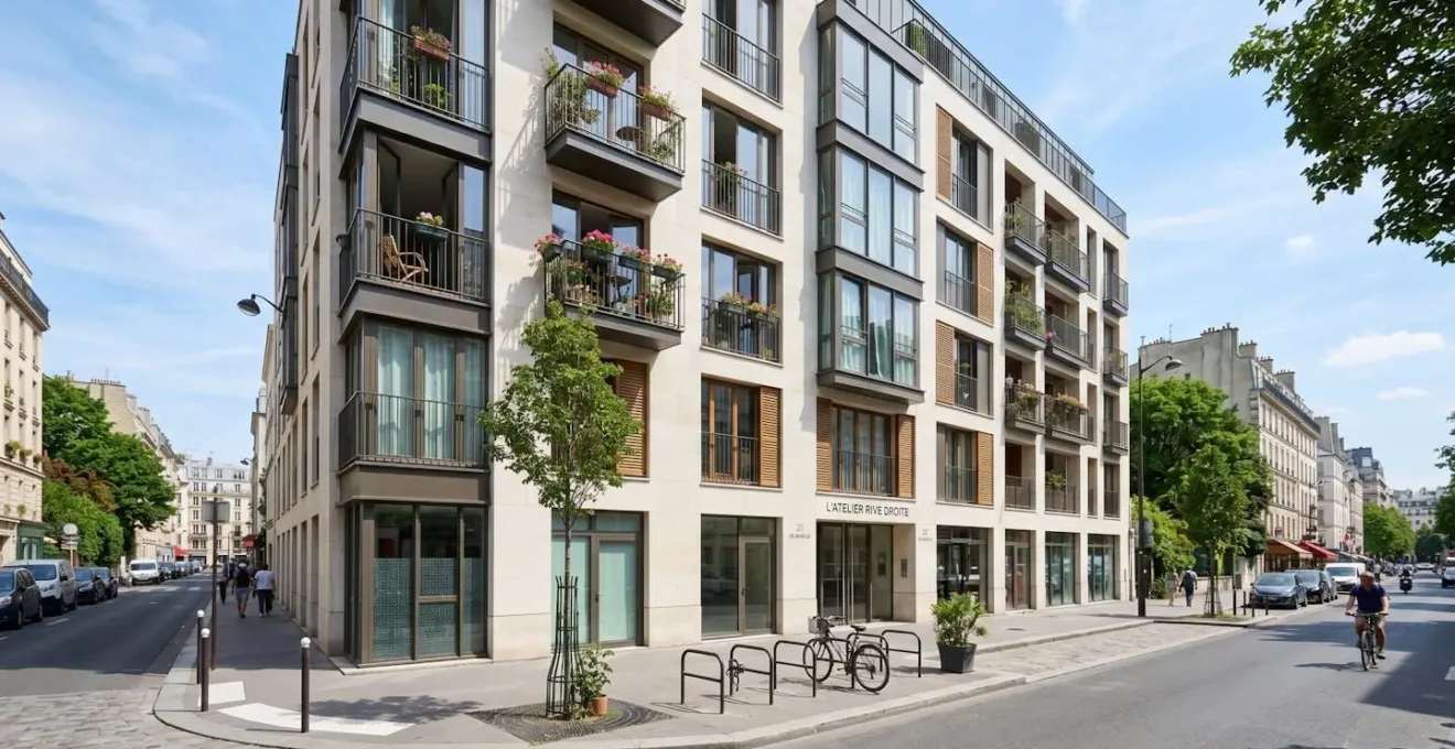 Façade d'immeuble résidentiel moderne français en journée, architecture contemporaine européenne, ciel dégagé, végétation urbaine