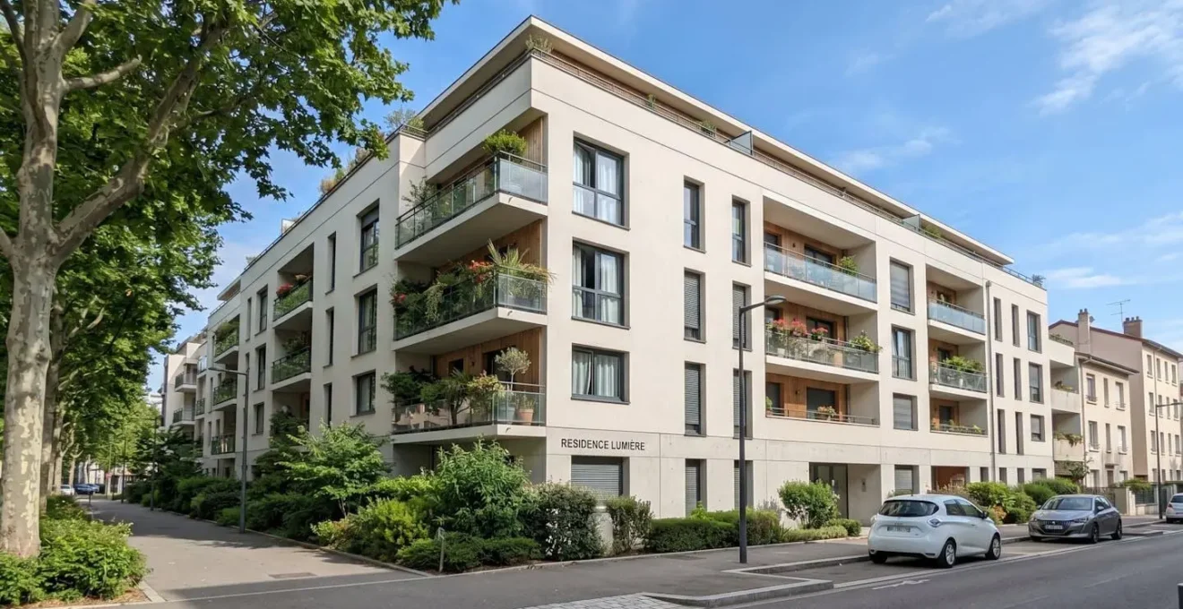 Façade d'immeuble résidentiel moderne français en journée, architecture contemporaine européenne, ciel dégagé, végétation urbaine