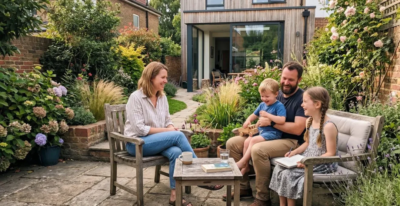Famille de quatre personnes profitant d'un moment de détente dans le jardin d'une maison moderne