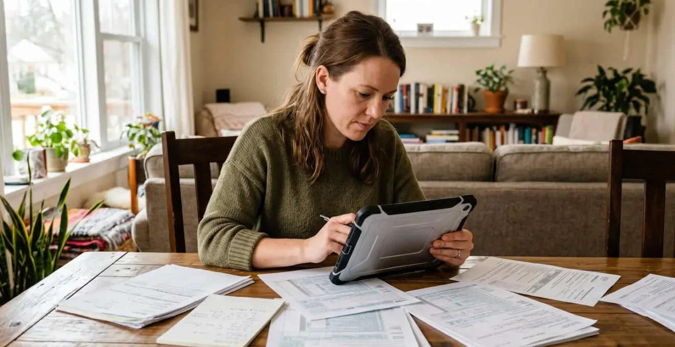 Femme vérifiant ses déclarations de revenus sur une tablette, documents fiscaux sur la table