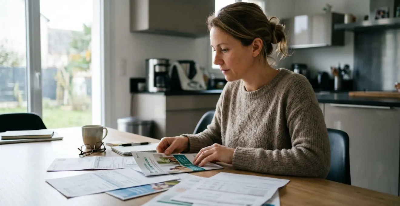Une femme de profil consulte des relevés bancaires et brochures de livrets d'épargne sur une table de cuisine moderne, lumière naturelle