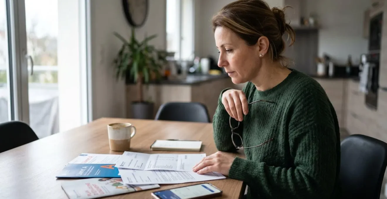Une femme de profil consulte des relevés bancaires et brochures de livrets d'épargne sur une table de cuisine moderne, lumière naturelle
