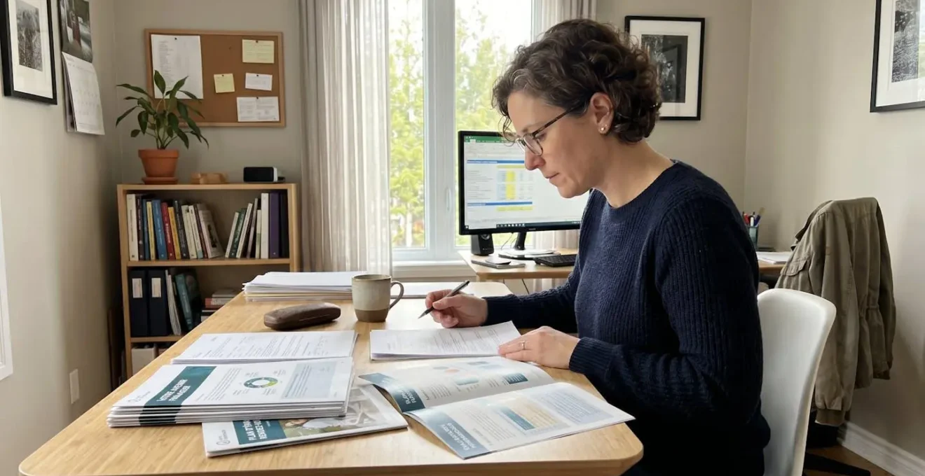 Une femme de profil consulte des relevés bancaires et brochures de livrets d'épargne sur une table de cuisine moderne, lumière naturelle