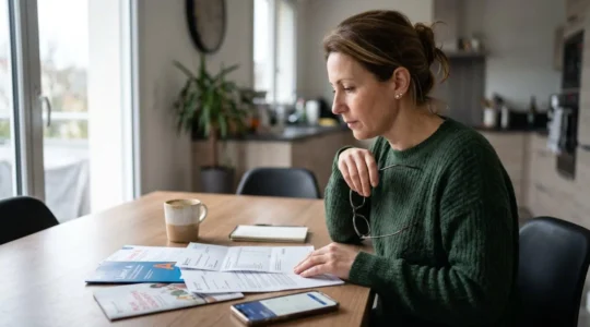 Une femme de profil consulte des relevés bancaires et brochures de livrets d'épargne sur une table de cuisine moderne, lumière naturelle