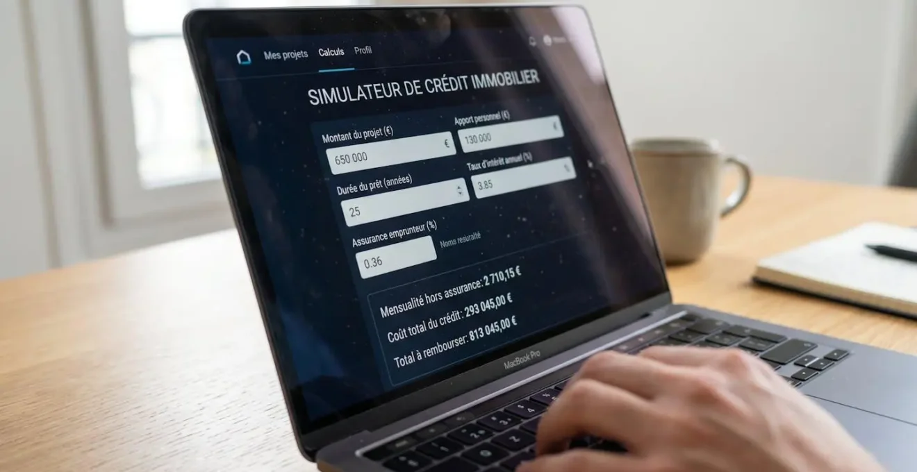 Gros plan sur écran d'ordinateur affichant une interface de simulateur avec champs de saisie floutés, main posée sur clavier en arrière-plan, lumière naturelle latérale