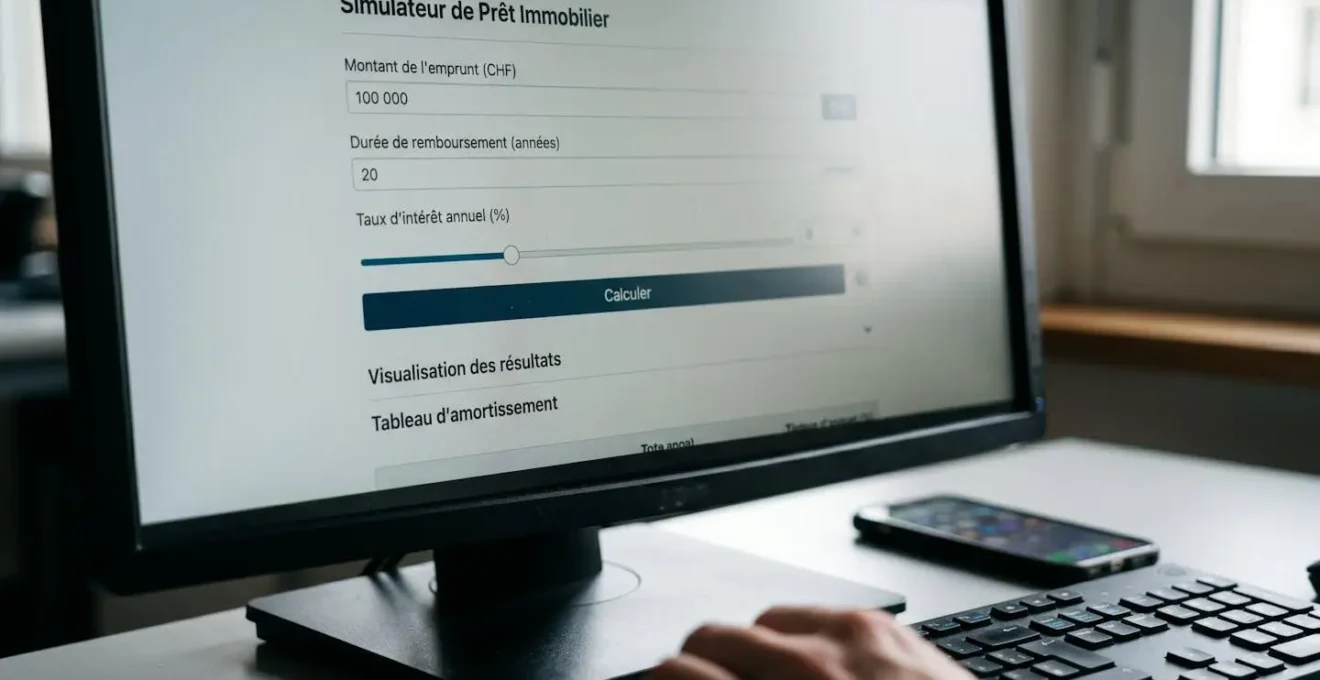 Gros plan sur écran d'ordinateur affichant une interface de simulateur avec champs de saisie floutés, main posée sur clavier en arrière-plan, lumière naturelle latérale