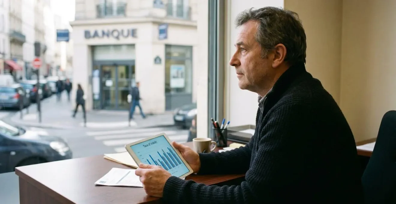 Homme assis avec une tablette affichant une simulation de prêt, regard tourné vers une agence bancaire au loin.