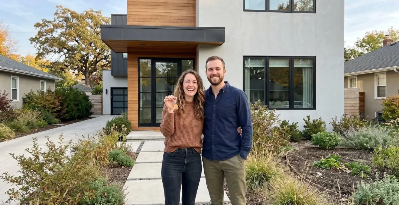 Jeune couple souriant devant une maison neuve avec des clés dans la main, symbolisant l'accession à la propriété