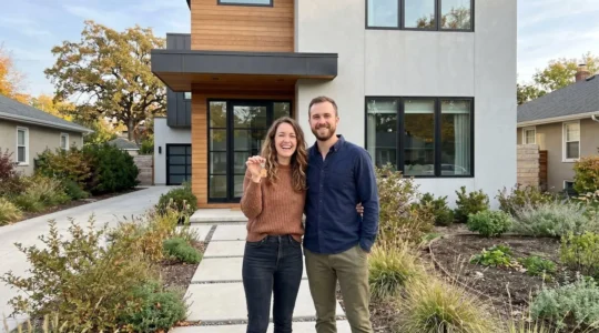Jeune couple souriant devant une maison neuve avec des clés dans la main, symbolisant l'accession à la propriété
