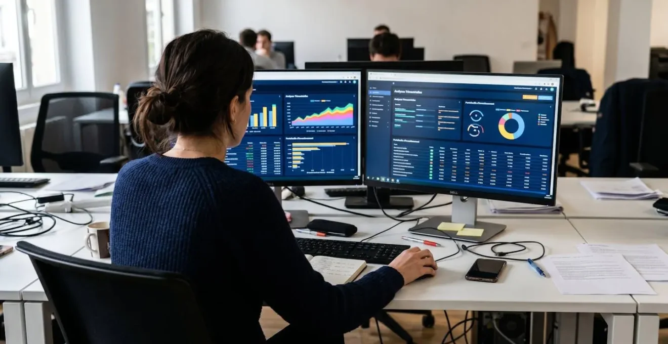 Une personne de dos assise à un bureau moderne, face à un ordinateur affichant un tableau comparatif financier flouté, lumière naturelle depuis la fenêtre