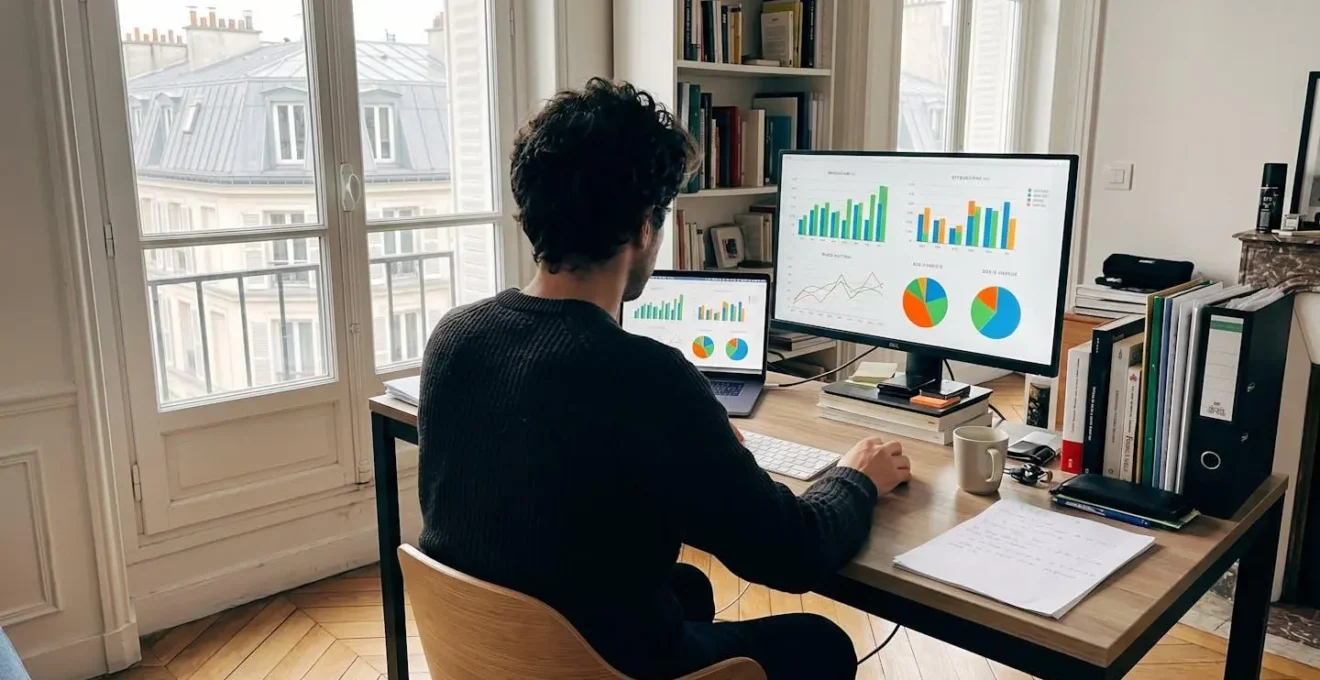 Une personne de dos assise à un bureau moderne, face à un ordinateur affichant un tableau comparatif financier flouté, lumière naturelle depuis la fenêtre