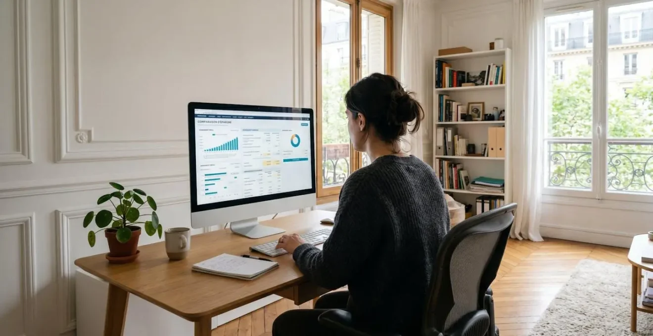 Une personne de dos assise à un bureau moderne, face à un ordinateur affichant un tableau comparatif financier flouté, lumière naturelle depuis la fenêtre