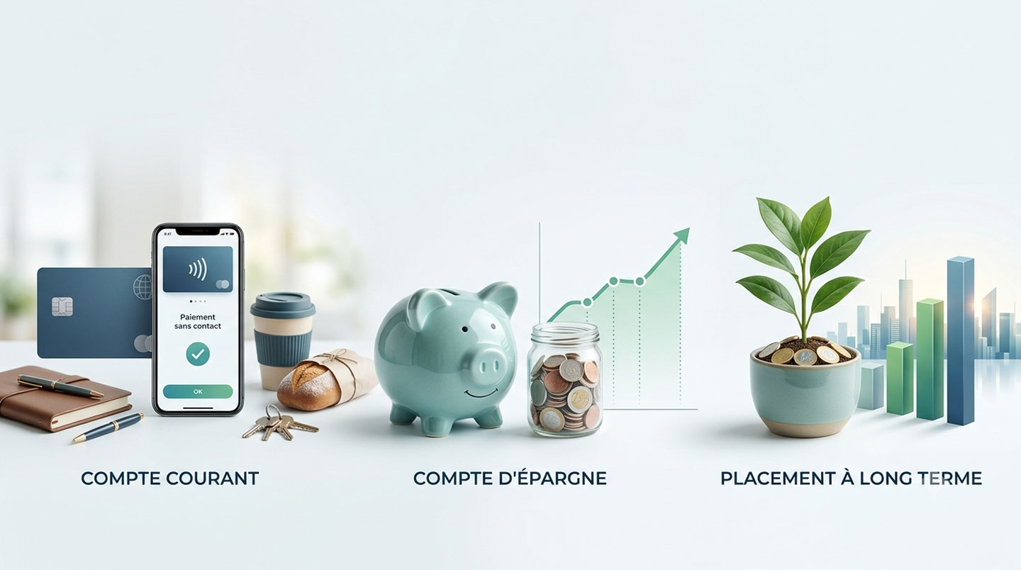 Trois produits bancaires disposés sur une table : carte bancaire Visa, livret d'épargne Livret A et contrat PEL signé