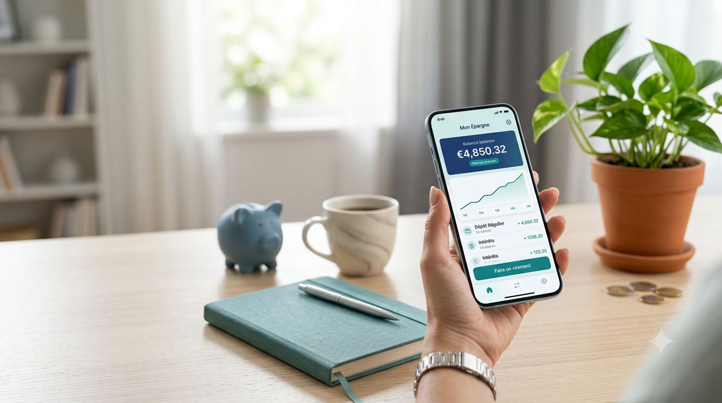 Femme consultant sur son smartphone l'application bancaire mobile affichant le solde de son Livret A en euros