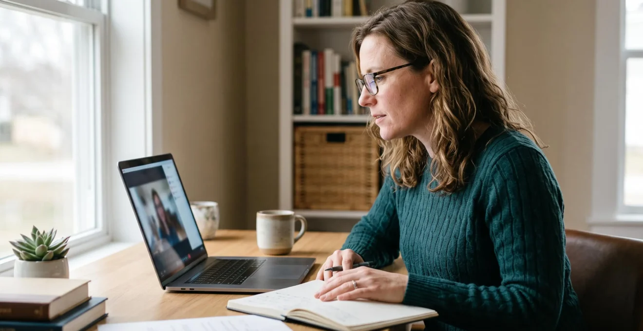 Une personne participe à une consultation bancaire personnalisée en visioconférence depuis son bureau à domicile, consultant des documents pendant l'échange.