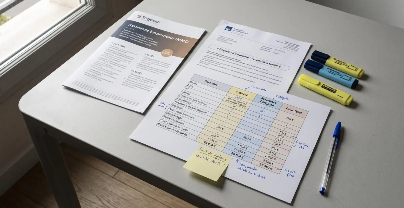 Documentation d'assurance emprunteur Sogécap et contrats de délégation d'assurance disposés sur bureau avec surligneurs et tableaux comparatifs en français