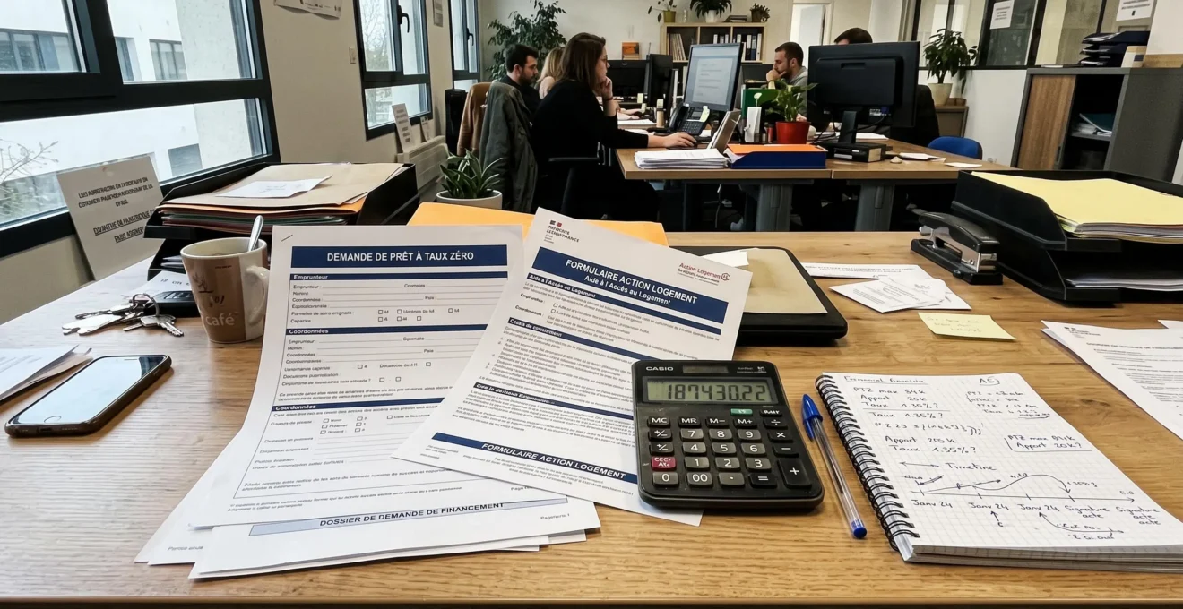 Dossier de demande de Prêt à Taux Zéro 2026 et formulaires Action Logement avec calculatrice et planning de financement manuscrit en français sur bureau