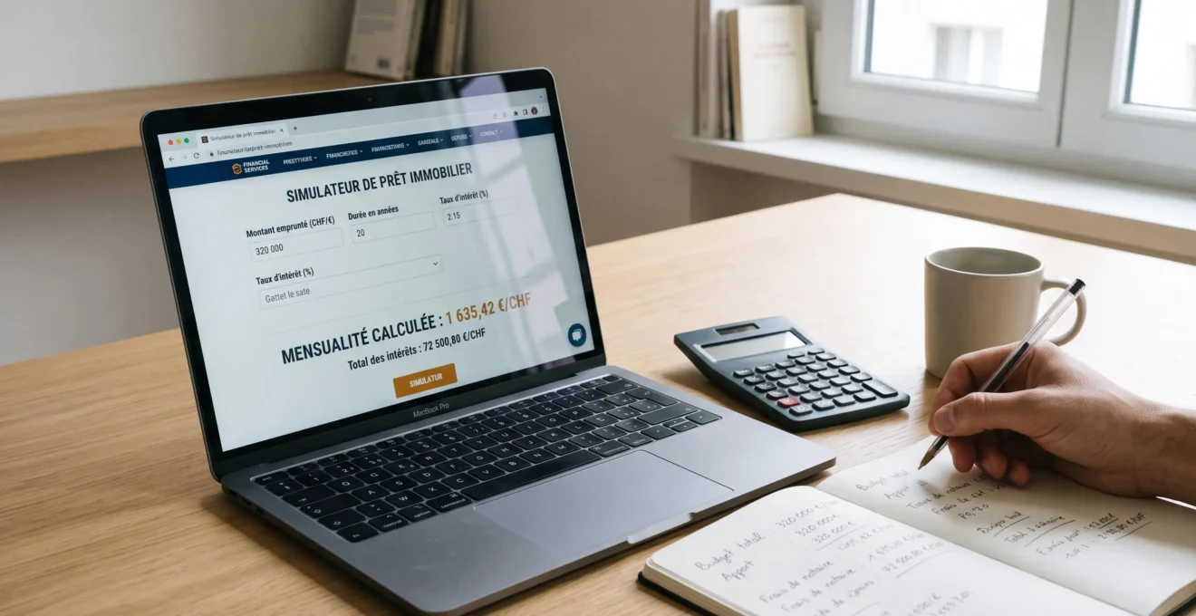 Écran d'ordinateur portable affichant un simulateur de prêt immobilier en français, avec calculatrice, carnet de notes et main prenant des notes sur un bureau contemporain