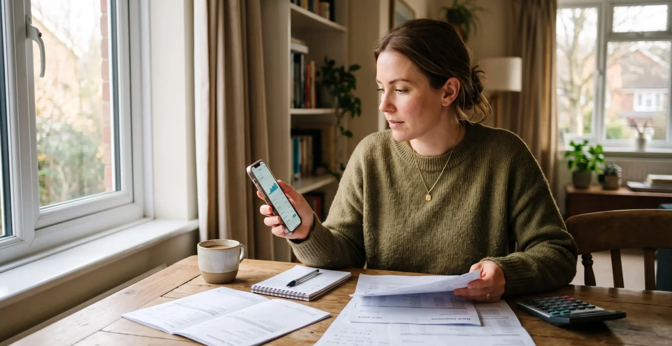 Une personne consulte son application bancaire sur smartphone tout en examinant des documents financiers posés sur une table dans un intérieur résidentiel moderne.