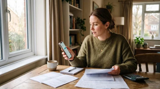 Une personne consulte son application bancaire sur smartphone tout en examinant des documents financiers posés sur une table dans un intérieur résidentiel moderne.