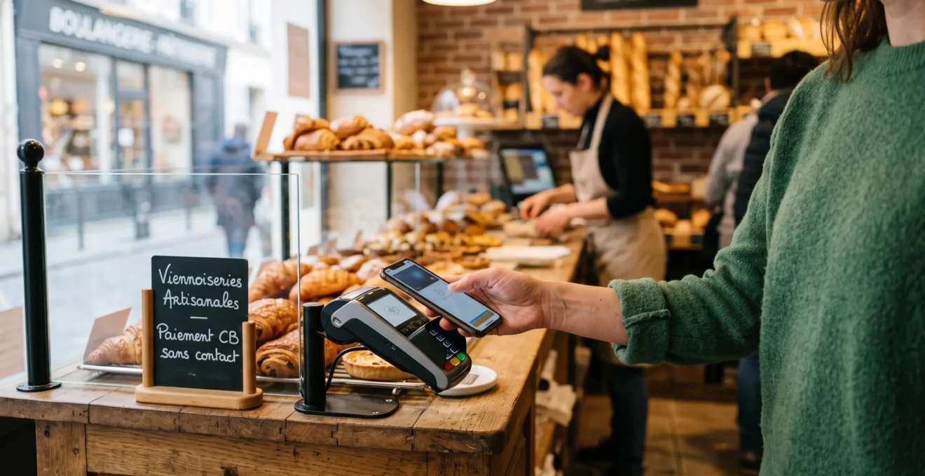 Une personne effectue un paiement sans contact en approchant son smartphone d'un terminal de paiement dans un commerce.