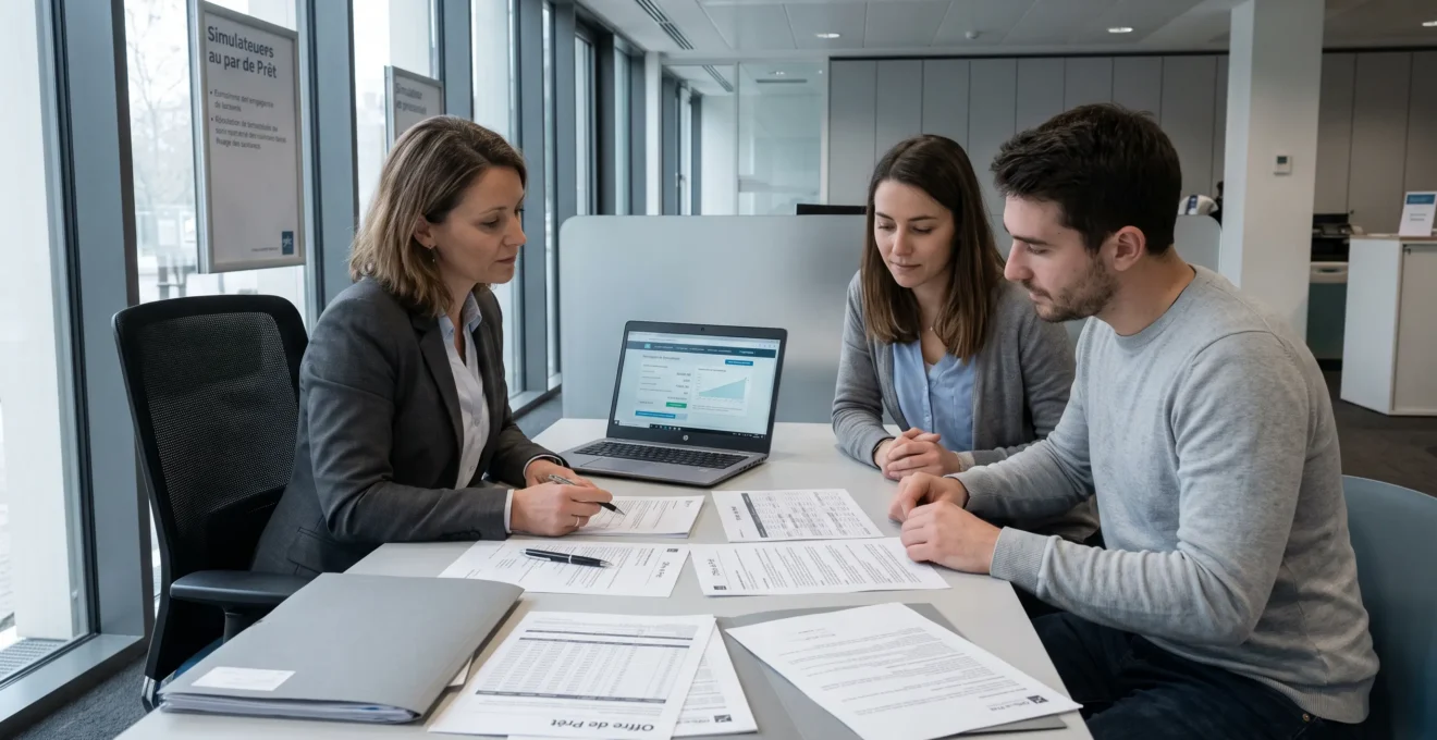 Rendez-vous de consultation de prêt immobilier dans une agence bancaire française moderne, conseillère et couple examinant documents et simulation sur ordinateur portable
