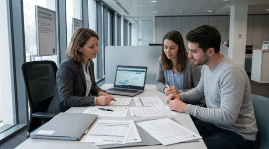 Rendez-vous de consultation de prêt immobilier dans une agence bancaire française moderne, conseillère et couple examinant documents et simulation sur ordinateur portable